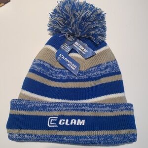 CLAM || NWT Blue Pom Hat Multicolor Cuff Knit Fleece Lined Cap Hat One Size